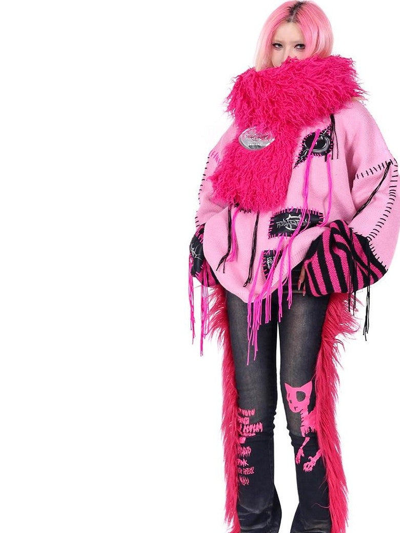 PINKSPINK Pink Sphinx Cat Handmade Patch Rock Punk Striped Women's Acrylic Sweaters