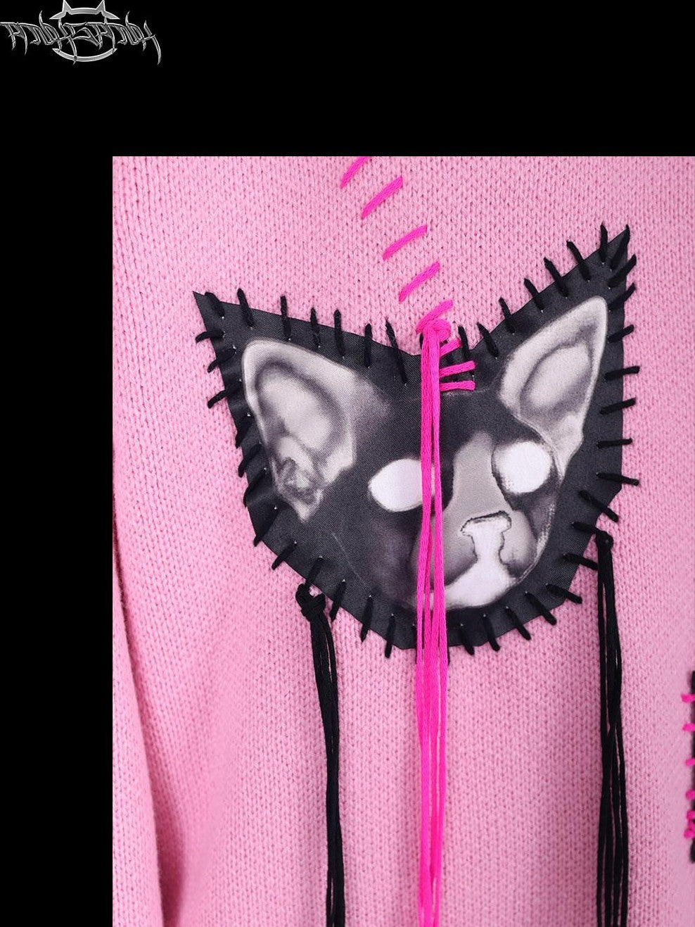 PINKSPINK Pink Sphinx Cat Handmade Patch Rock Punk Striped Women's Acrylic Sweaters