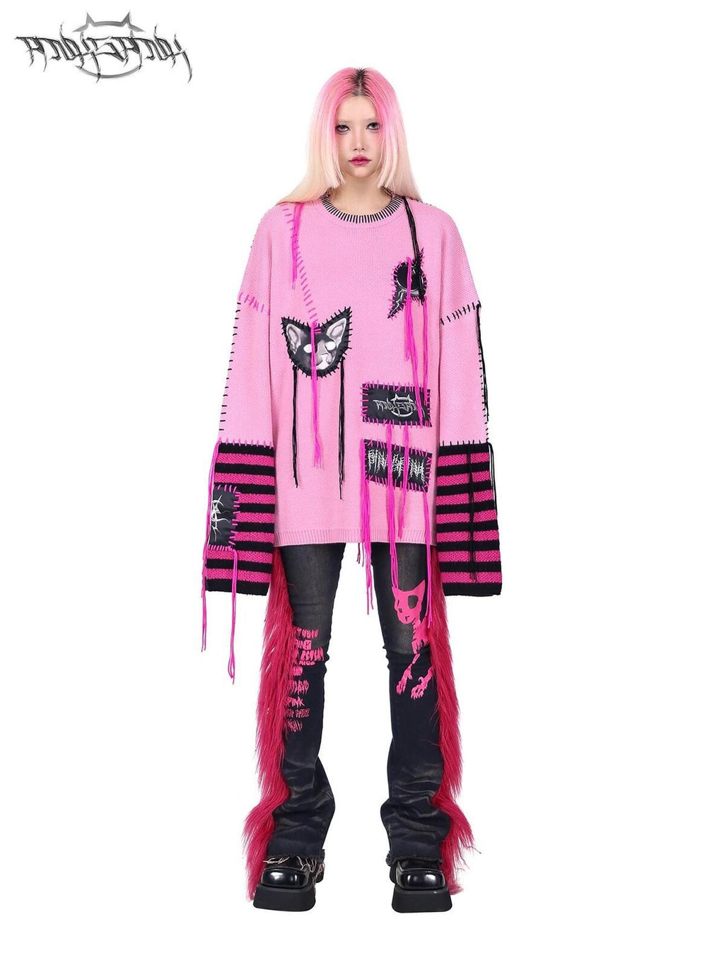 PINKSPINK Pink Sphinx Cat Handmade Patch Rock Punk Striped Women's Acrylic Sweaters