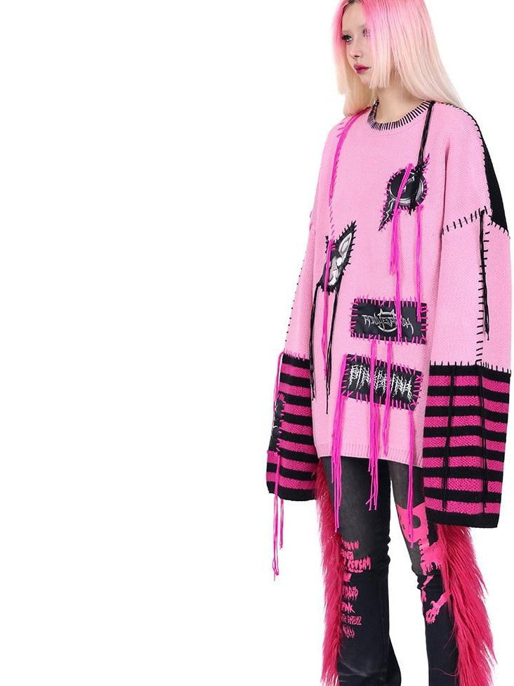 PINKSPINK Pink Sphinx Cat Handmade Patch Rock Punk Striped Women's Acrylic Sweaters