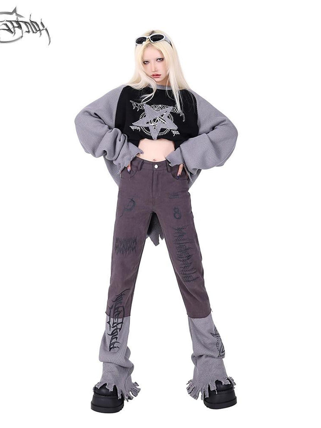 PINKSPINK Pink Star Embroidered Asymmetric Distressed Women's Cotton Flare Jeans
