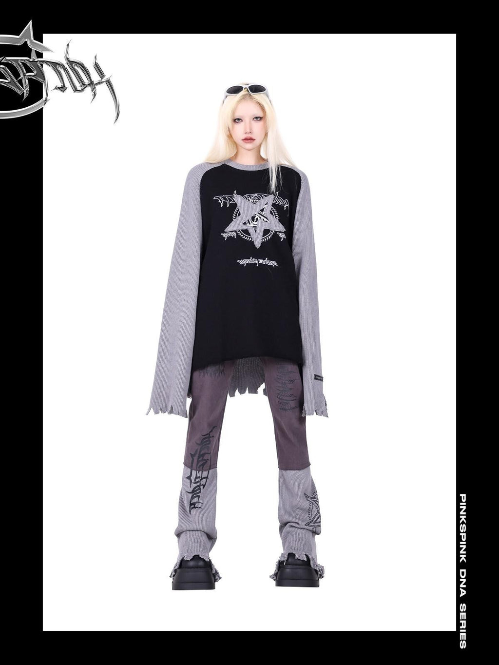PINKSPINK Pink Star Embroidered Asymmetric Distressed Women's Cotton Flare Jeans