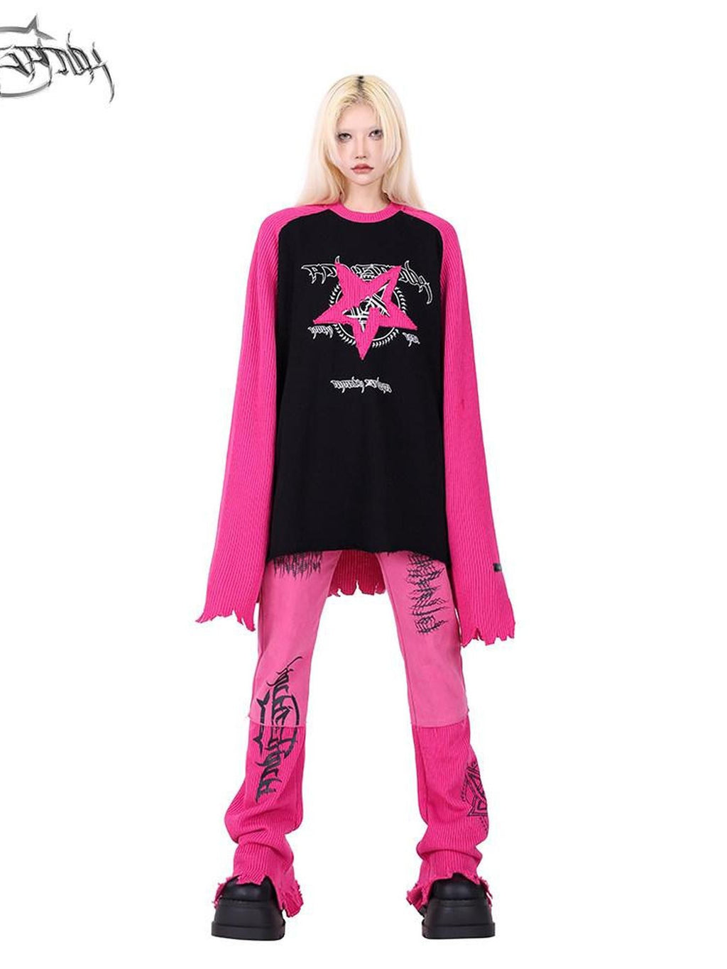 PINKSPINK Pink Star Embroidered Asymmetric Distressed Women's Cotton Flare Jeans