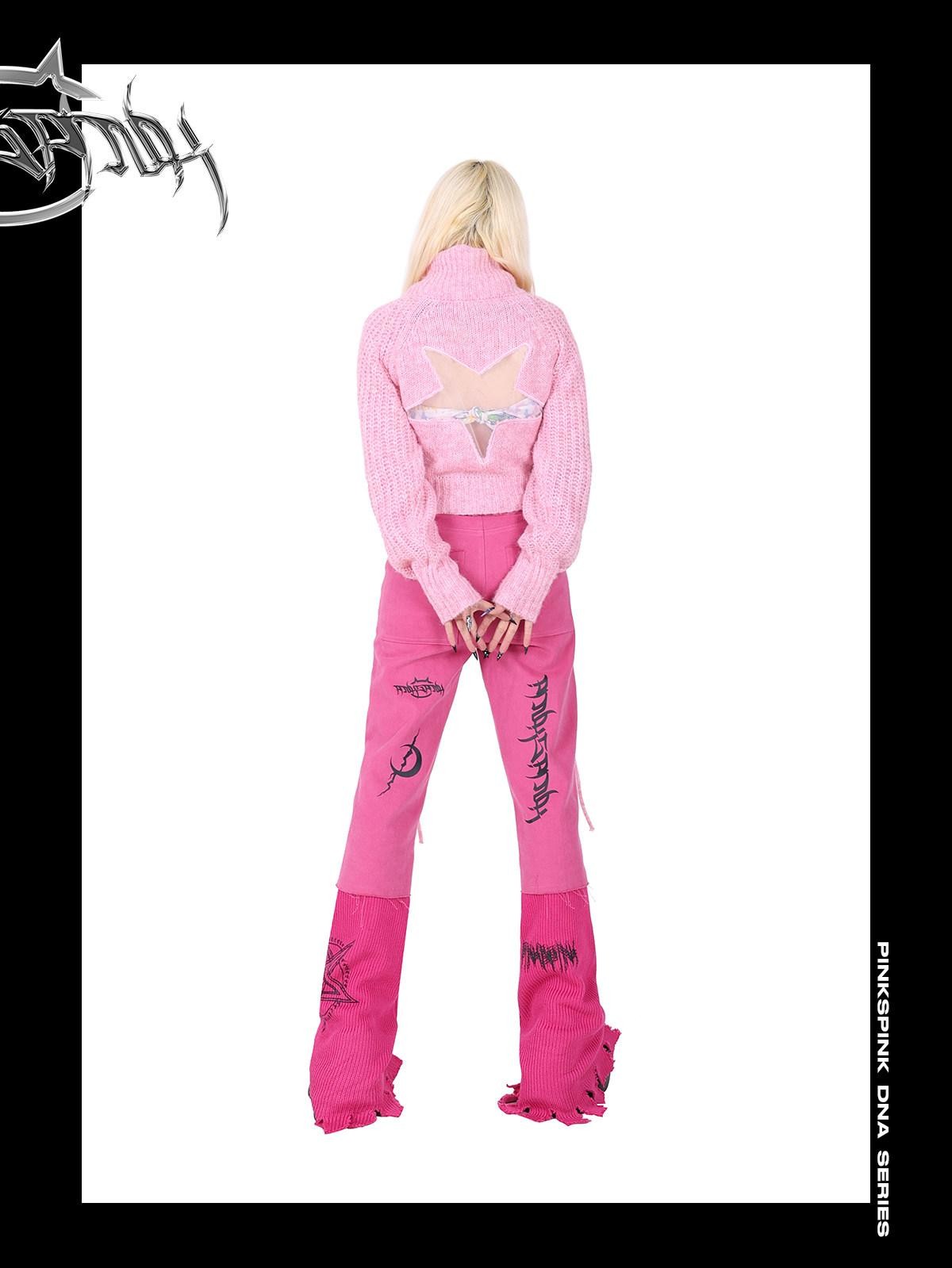 PINKSPINK Pink Star Embroidered Asymmetric Distressed Women's Cotton Flare Jeans