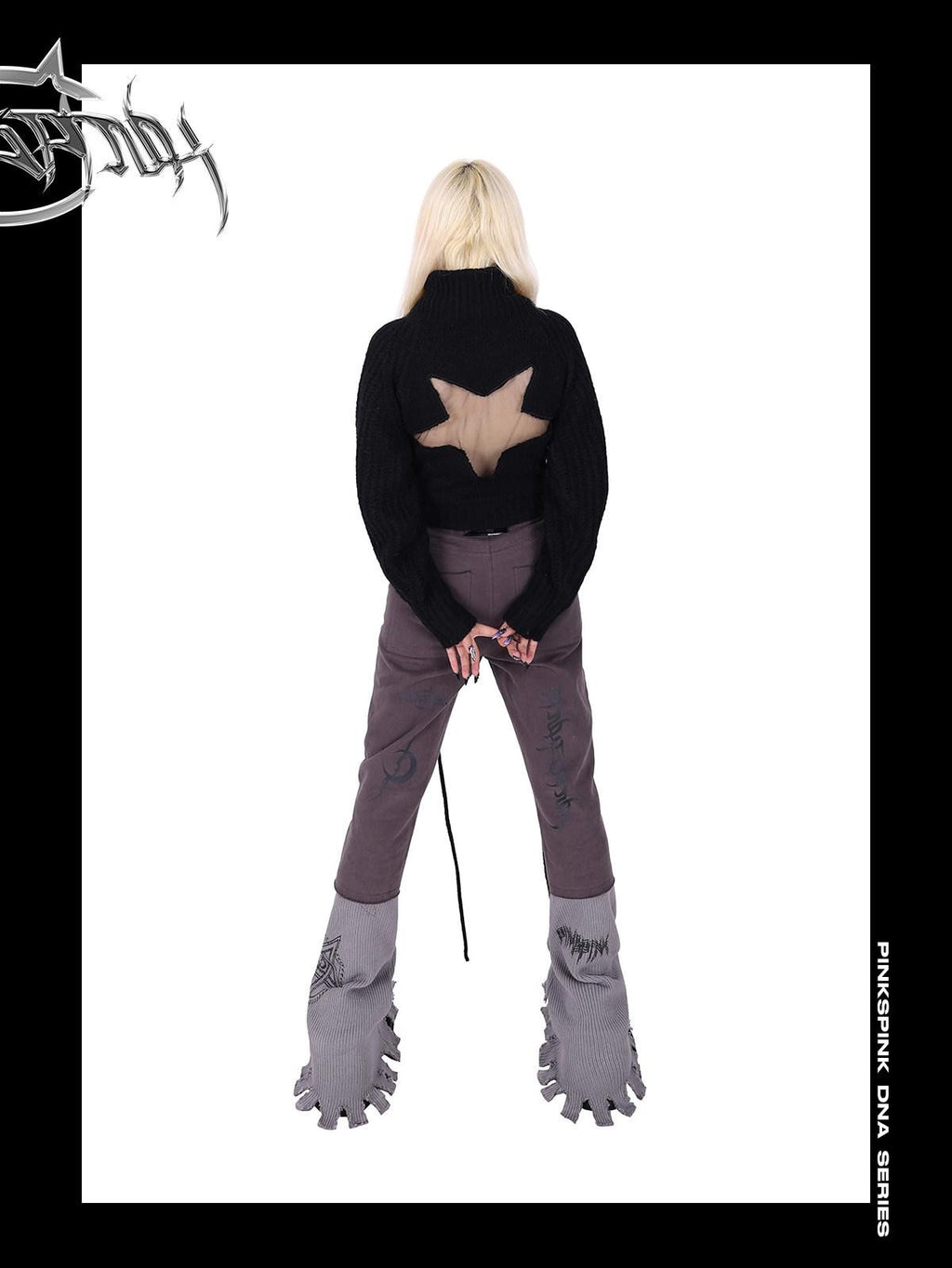 PINKSPINK Pink Star Embroidered Asymmetric Distressed Women's Cotton Flare Jeans