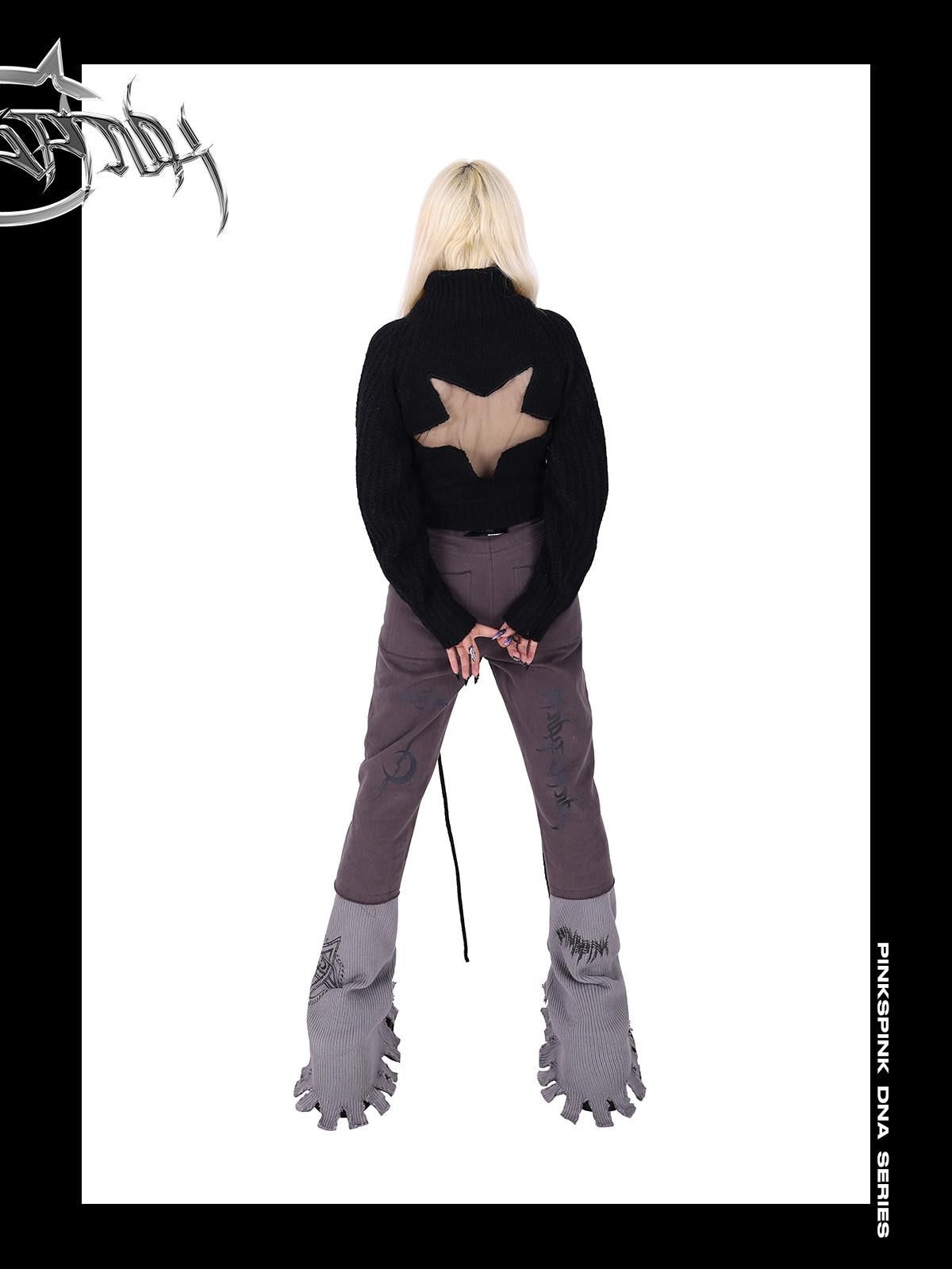 PINKSPINK Pink Star Embroidered Asymmetric Distressed Women's Cotton Flare Jeans
