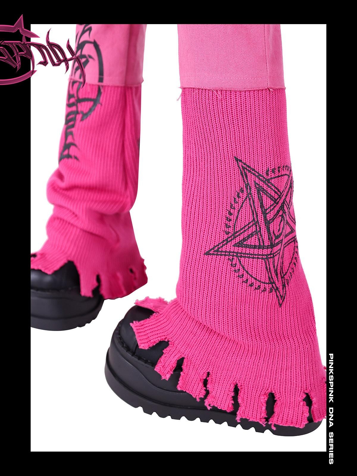 PINKSPINK Pink Star Embroidered Asymmetric Distressed Women's Cotton Flare Jeans