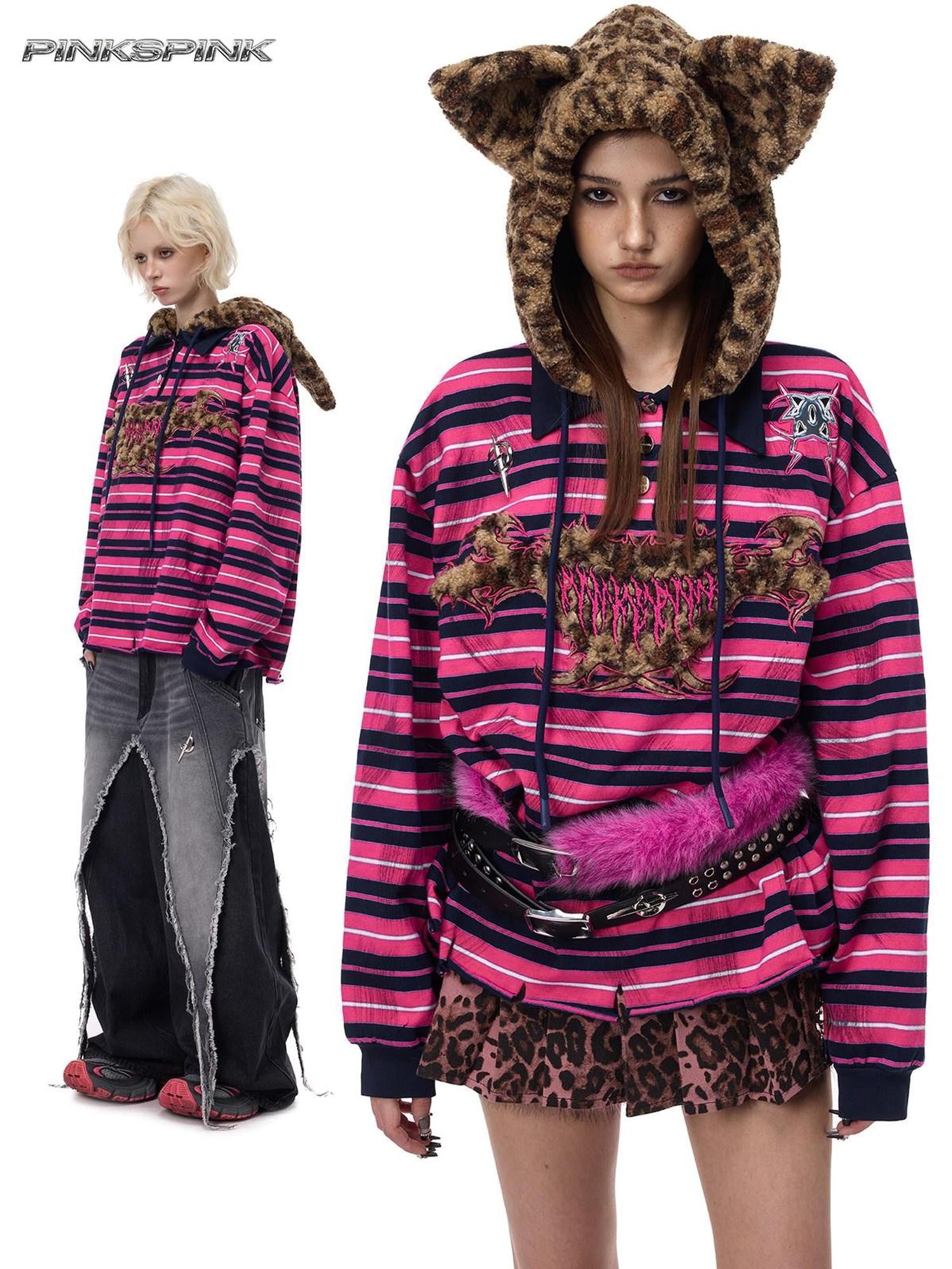 PINKSPINK Pink Stripe Leopard Cat Ear Embroidered Letter Print Women's Hoodies