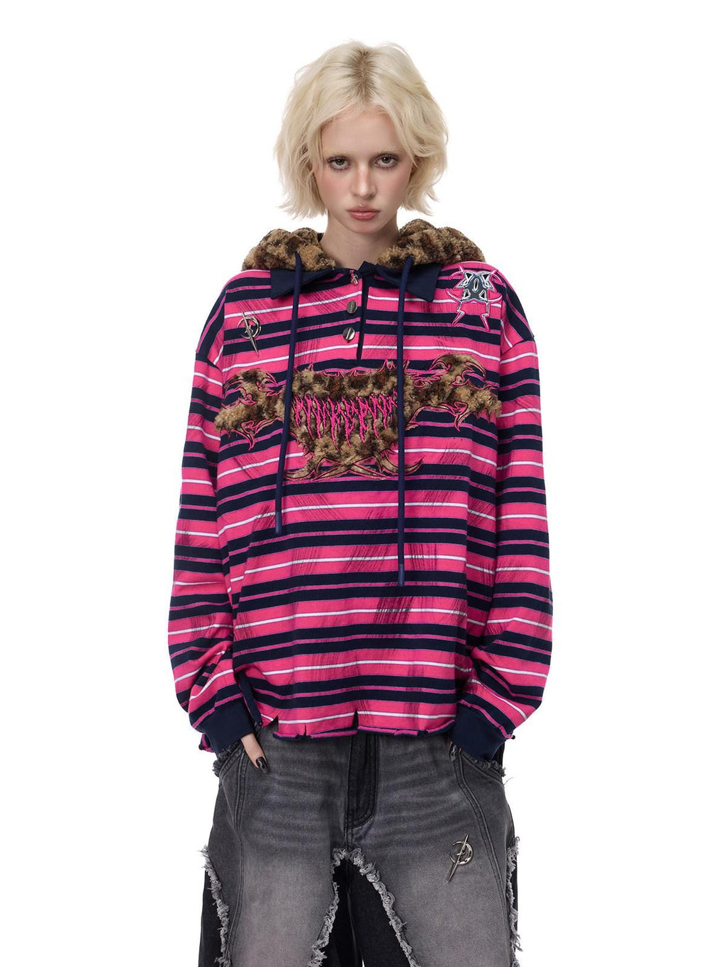 PINKSPINK Pink Stripe Leopard Cat Ear Embroidered Letter Print Women's Hoodies