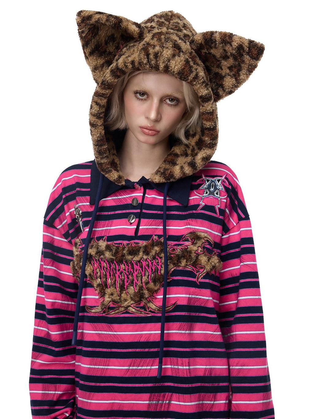 PINKSPINK Pink Stripe Leopard Cat Ear Embroidered Letter Print Women's Hoodies