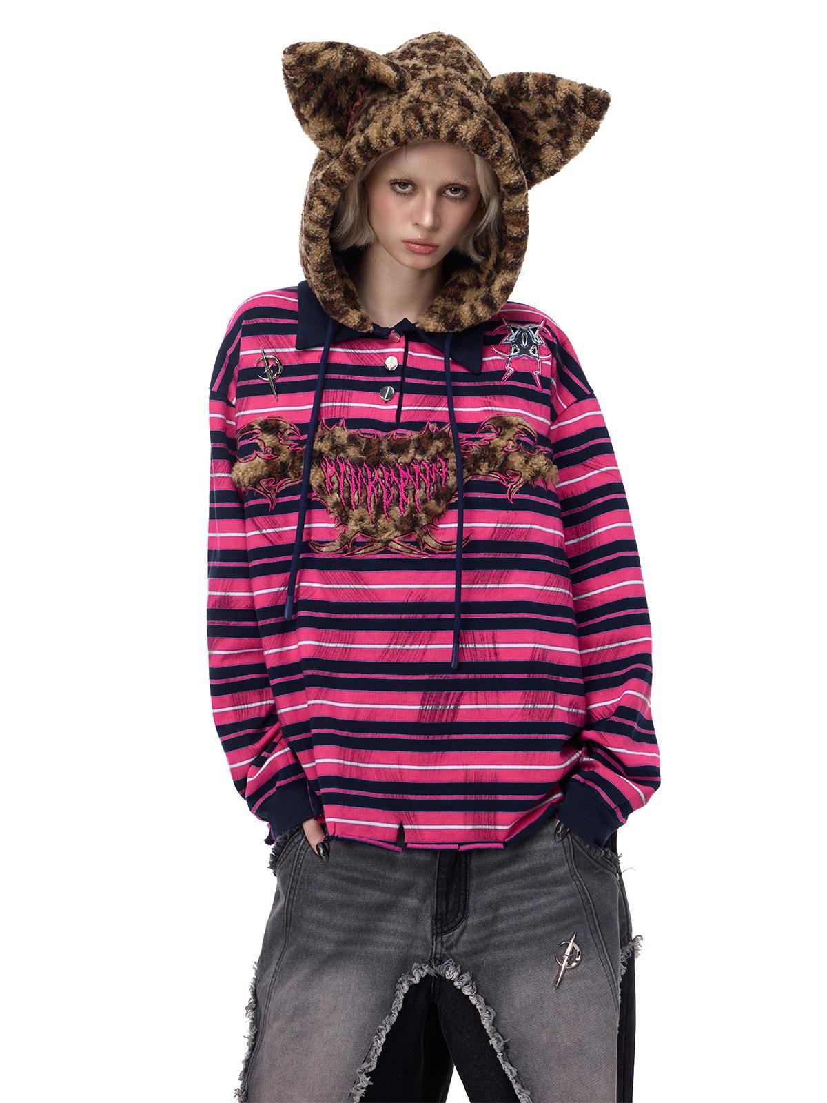 PINKSPINK Pink Stripe Leopard Cat Ear Embroidered Letter Print Women's Hoodies