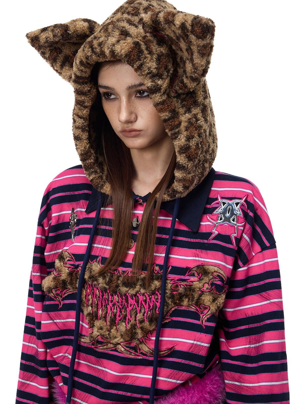 PINKSPINK Pink Stripe Leopard Cat Ear Embroidered Letter Print Women's Hoodies