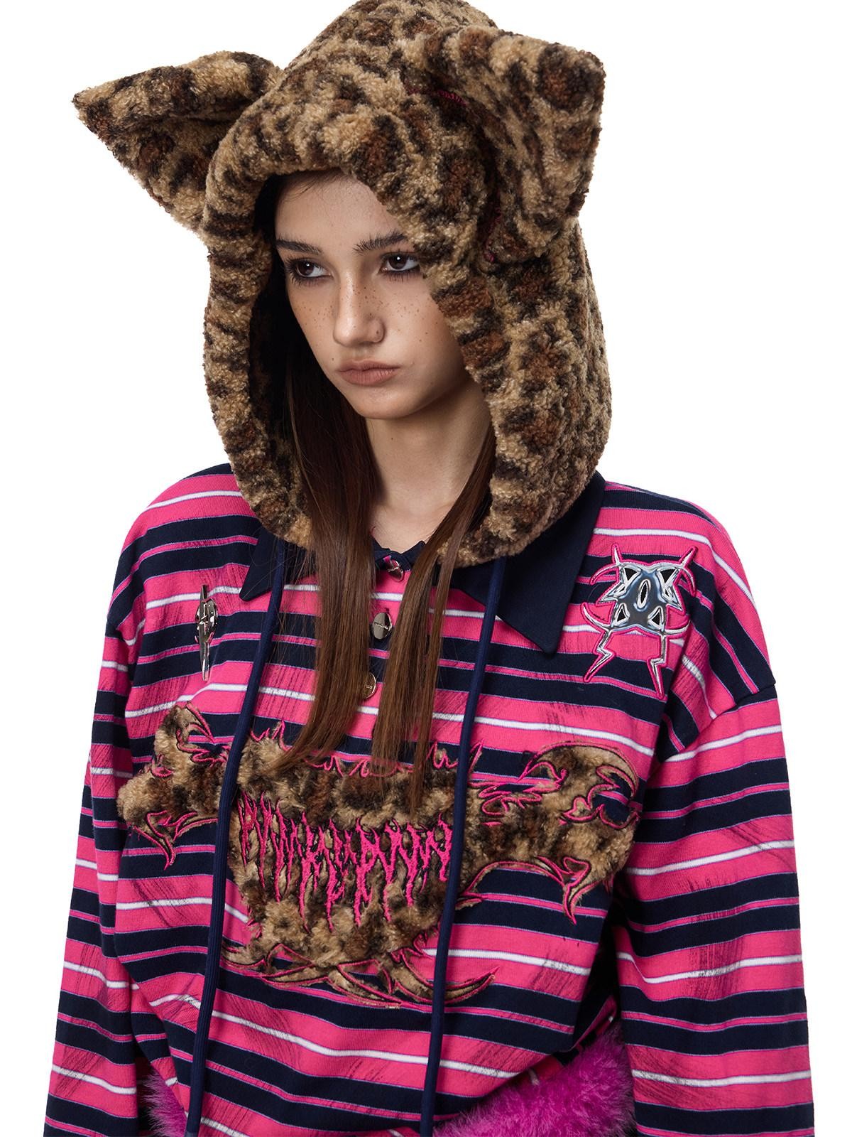 PINKSPINK Pink Stripe Leopard Cat Ear Embroidered Letter Print Women's Hoodies