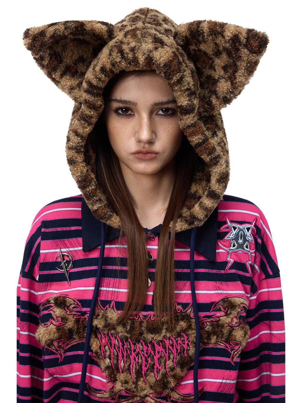 PINKSPINK Pink Stripe Leopard Cat Ear Embroidered Letter Print Women's Hoodies