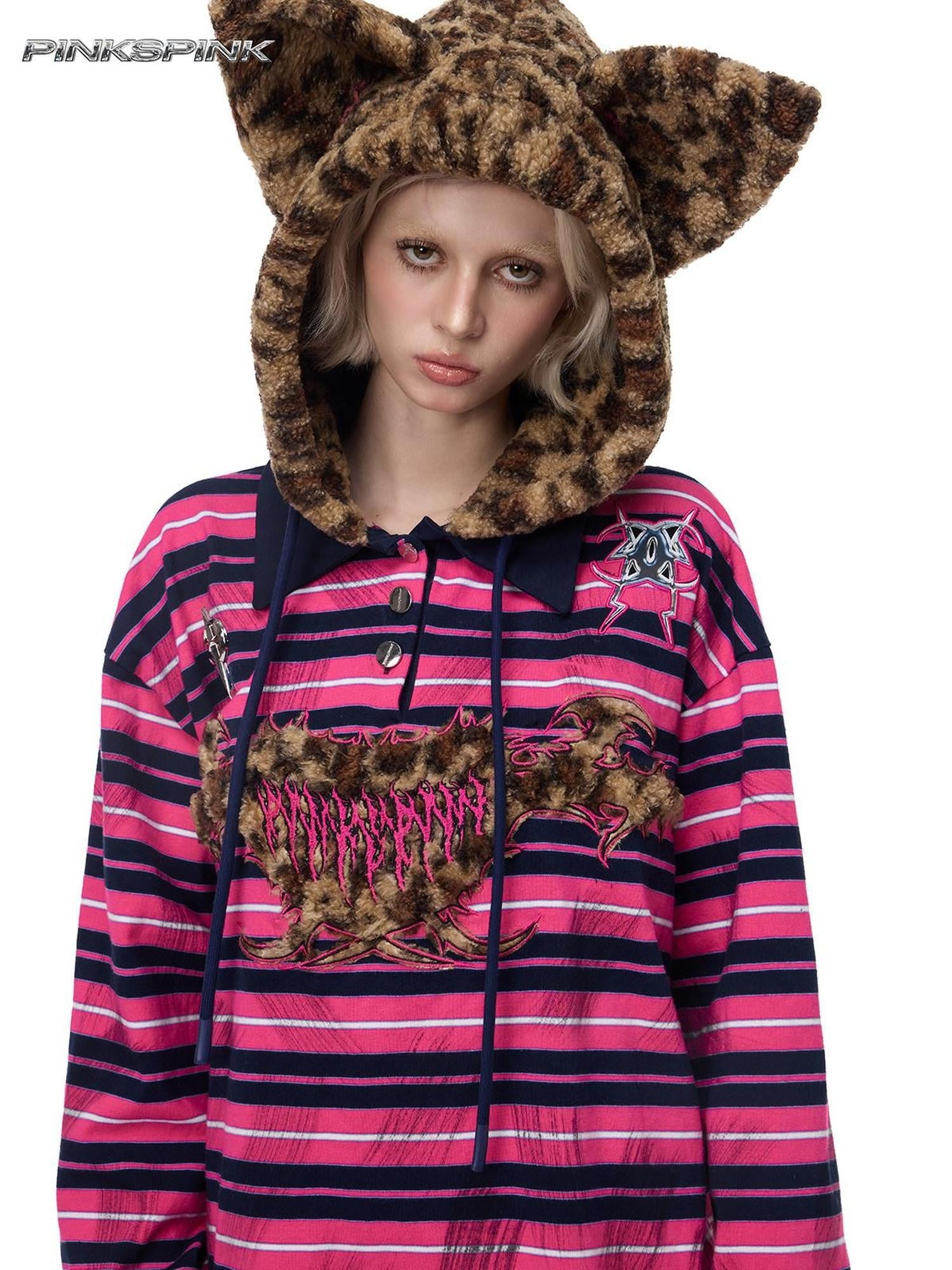 PINKSPINK Pink Stripe Leopard Cat Ear Embroidered Letter Print Women's Hoodies
