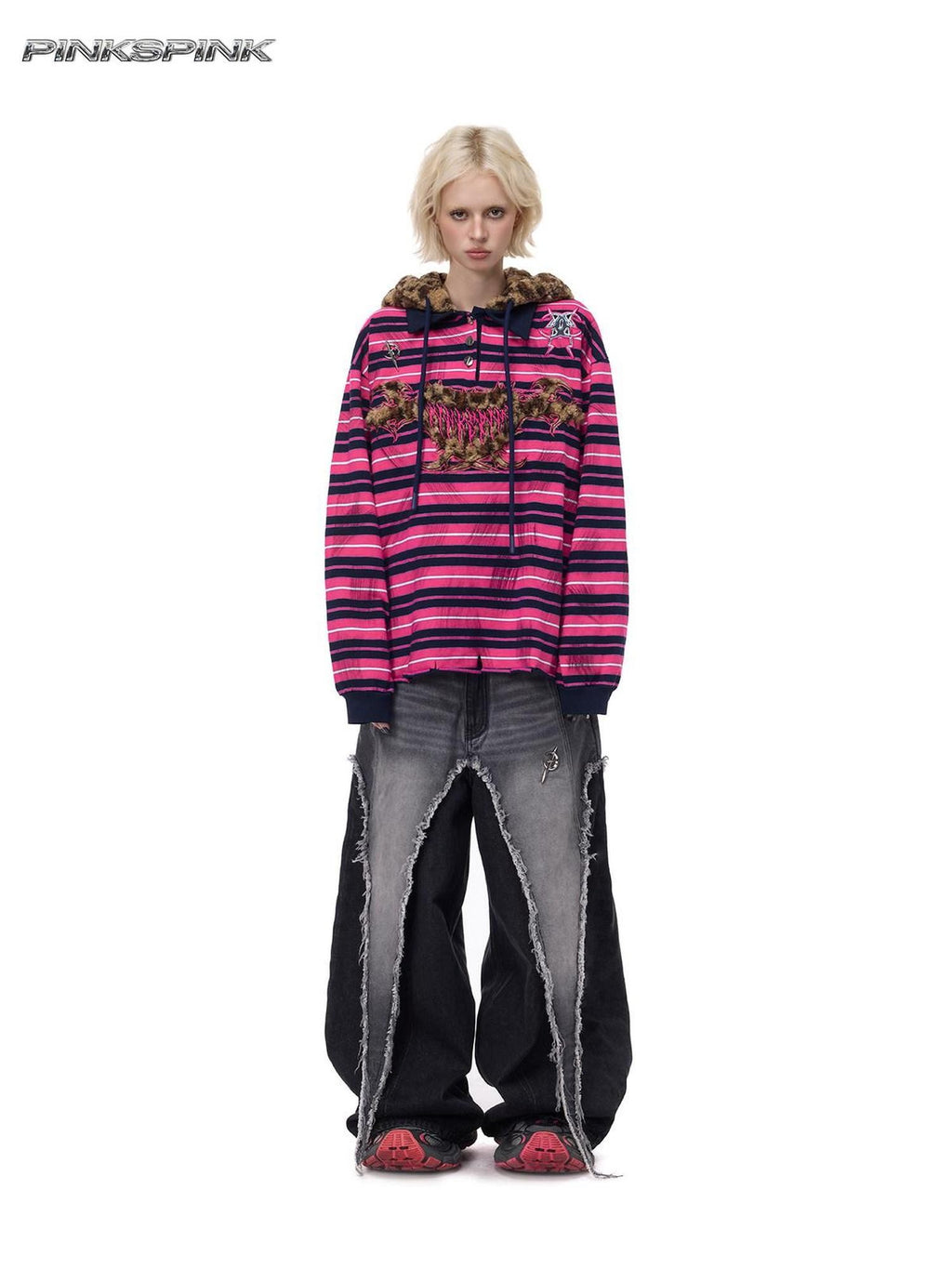 PINKSPINK Pink Stripe Leopard Cat Ear Embroidered Letter Print Women's Hoodies