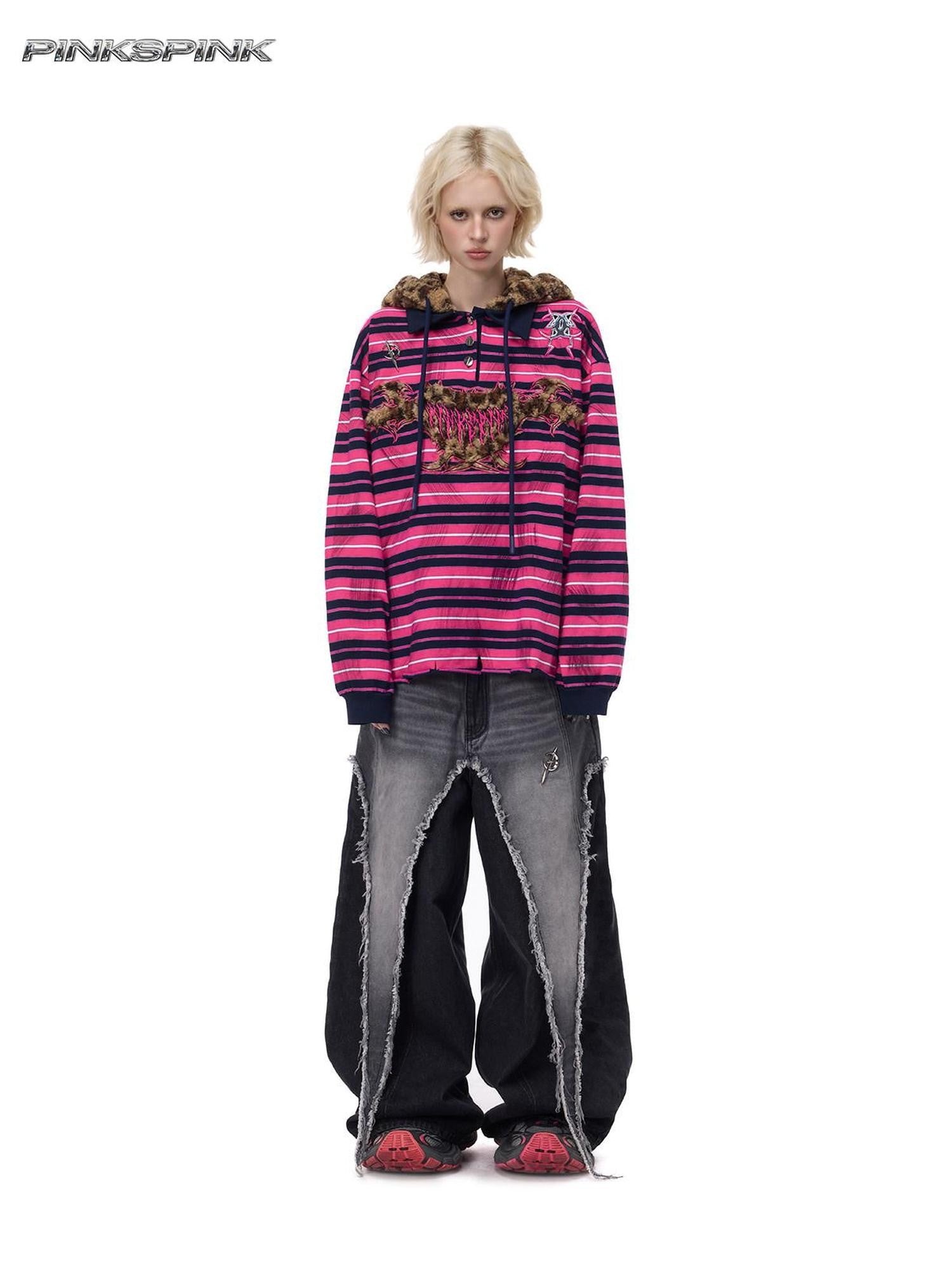 PINKSPINK Pink Stripe Leopard Cat Ear Embroidered Letter Print Women's Hoodies