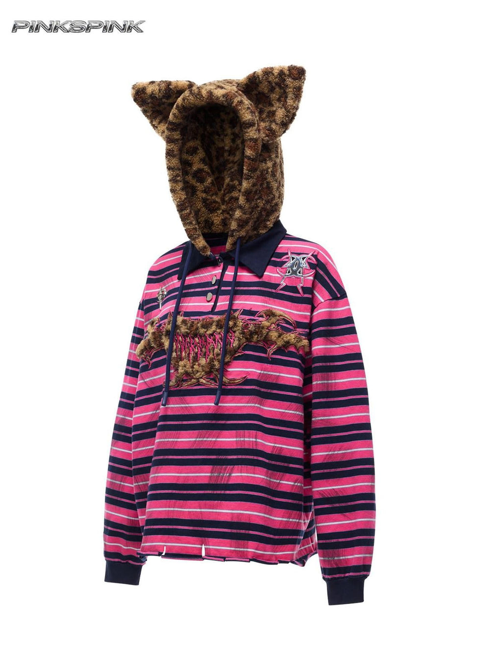 PINKSPINK Pink Stripe Leopard Cat Ear Embroidered Letter Print Women's Hoodies