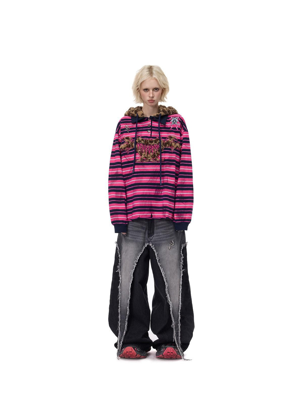 PINKSPINK Pink Stripe Leopard Cat Ear Embroidered Letter Print Women's Hoodies