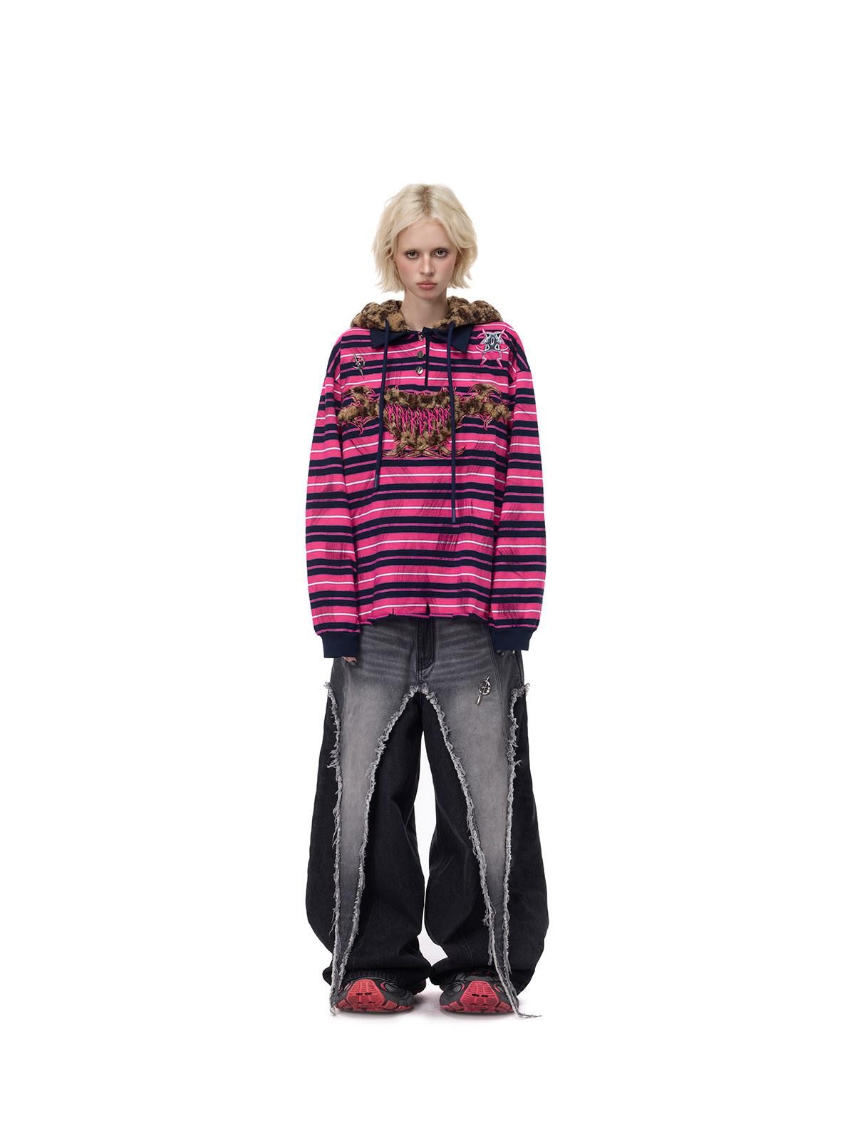 PINKSPINK Pink Stripe Leopard Cat Ear Embroidered Letter Print Women's Hoodies