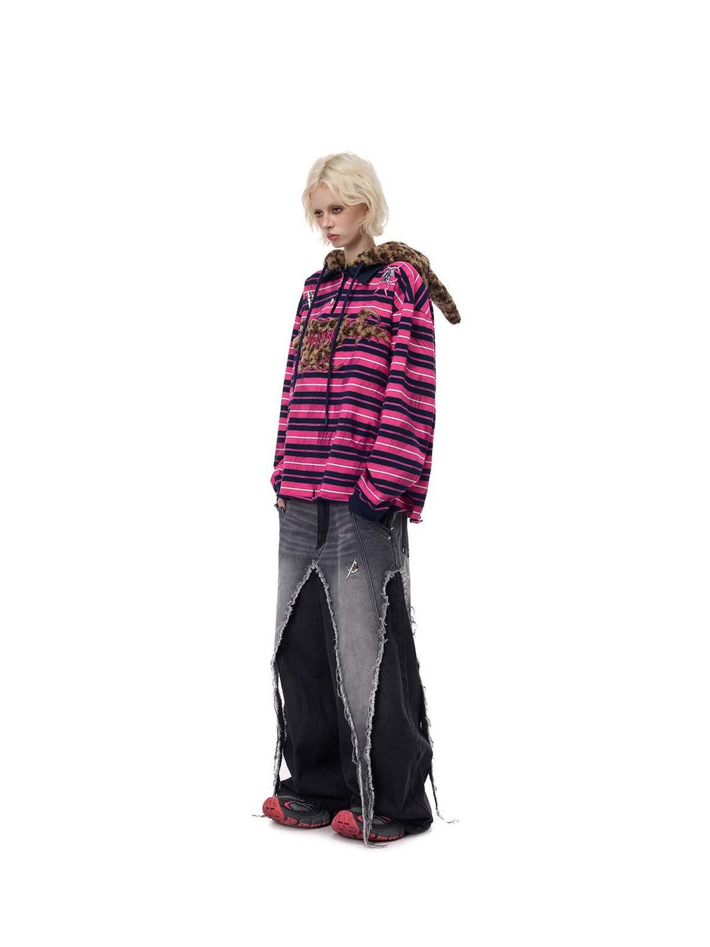 PINKSPINK Pink Stripe Leopard Cat Ear Embroidered Letter Print Women's Hoodies