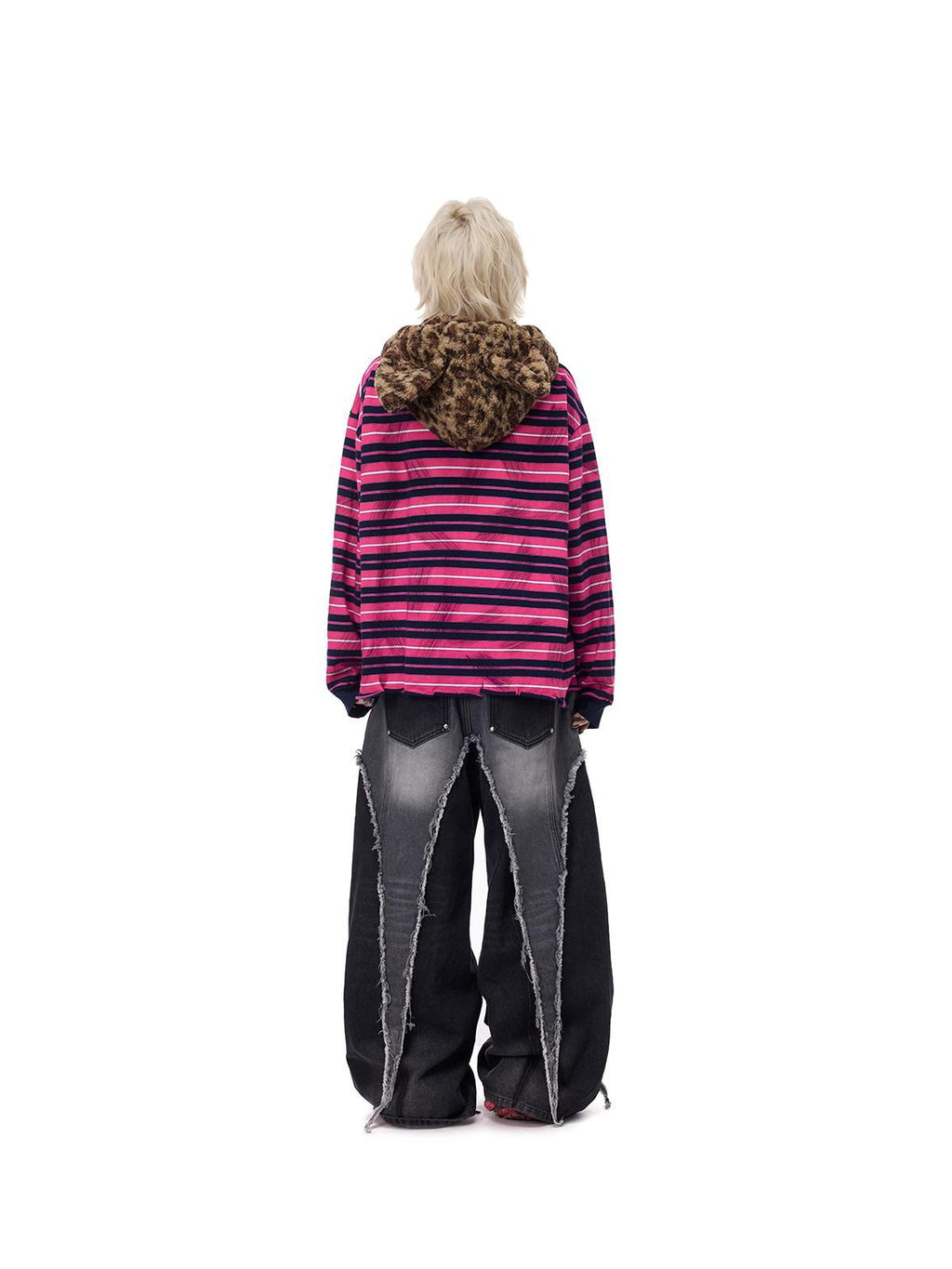 PINKSPINK Pink Stripe Leopard Cat Ear Embroidered Letter Print Women's Hoodies