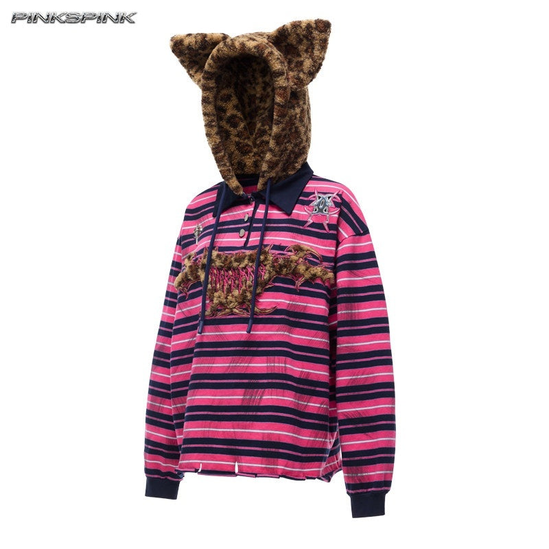 PINKSPINK_Pink_Stripe_Leopard_Printed_Embroidered_Cat_Ear_Women's_Hoodies_999053372329_MISSTT