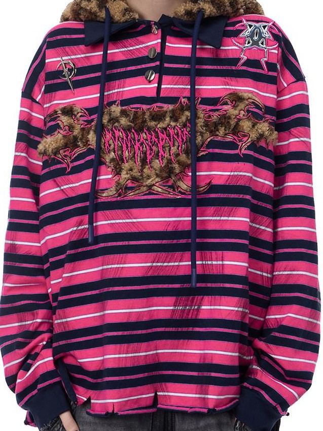 PINKSPINK Pink Stripe Leopard Printed Embroidered Cat Ear Women's Hoodies