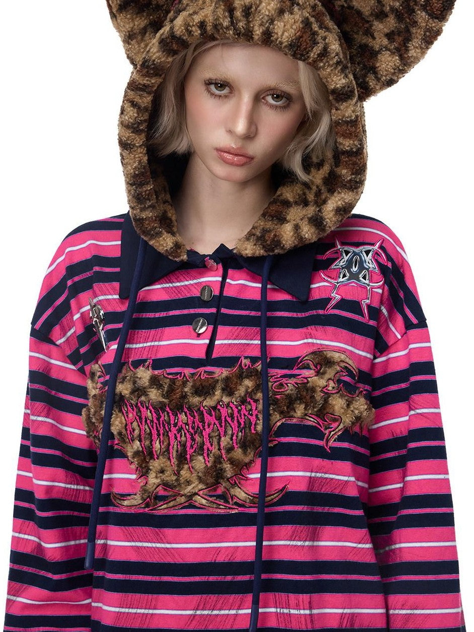 PINKSPINK Pink Stripe Leopard Printed Embroidered Cat Ear Women's Hoodies