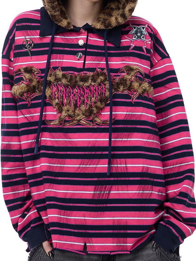 PINKSPINK Pink Stripe Leopard Printed Embroidered Cat Ear Women's Hoodies