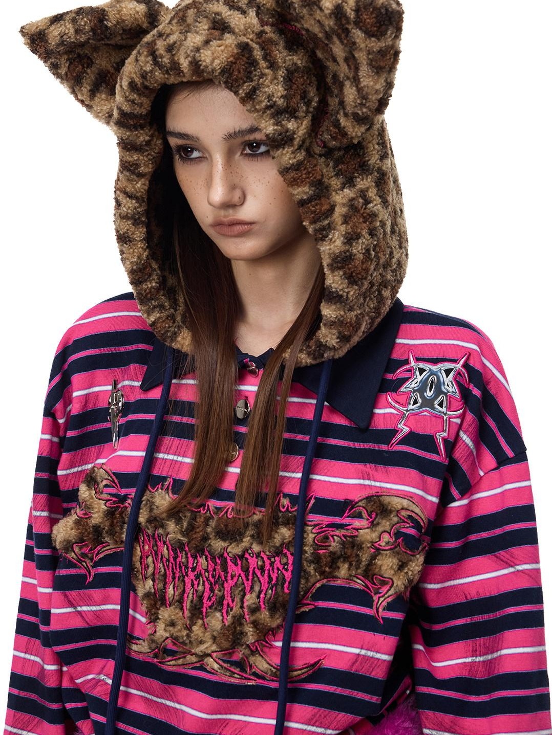 PINKSPINK Pink Stripe Leopard Printed Embroidered Cat Ear Women's Hoodies