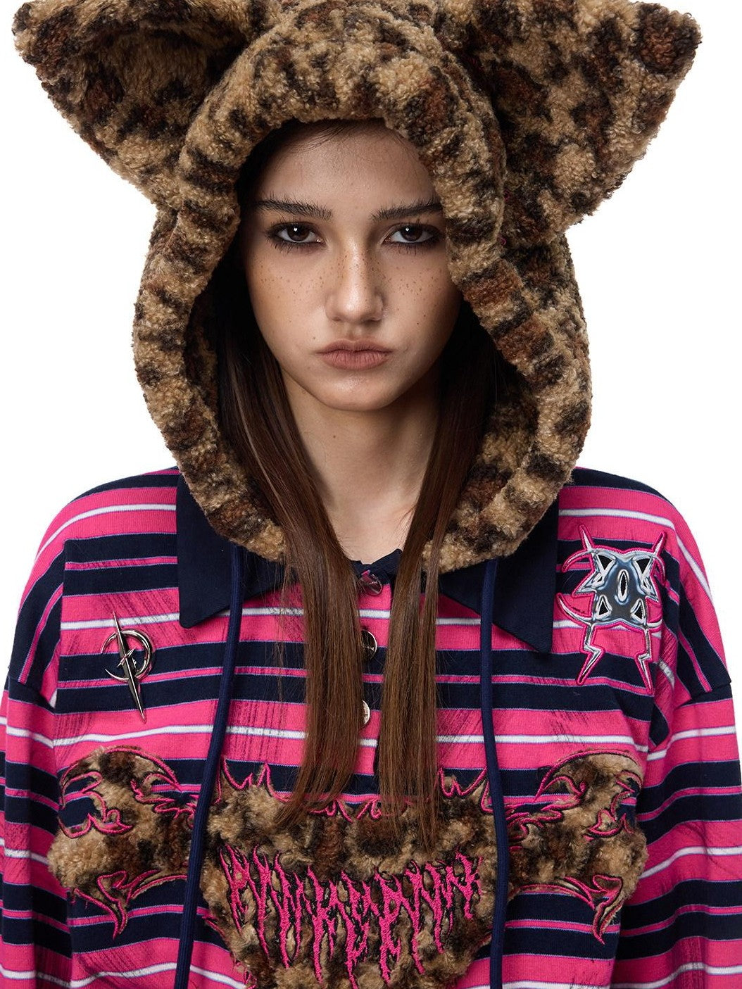 PINKSPINK Pink Stripe Leopard Printed Embroidered Cat Ear Women's Hoodies