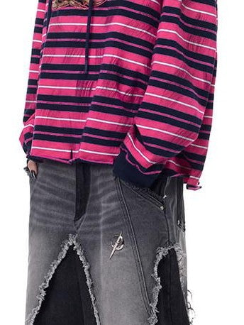 PINKSPINK Pink Stripe Leopard Printed Embroidered Cat Ear Women's Hoodies
