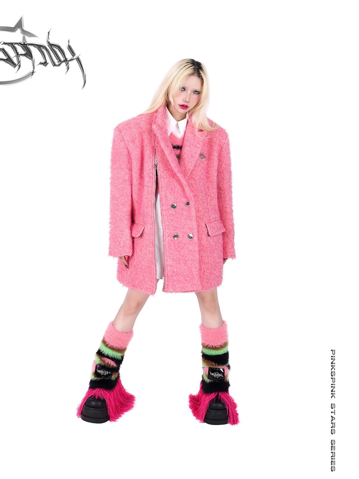 PINKSPINK Pink Structured Zipper Shoulderpad Double Breasted Women's Wool Blend Blazers