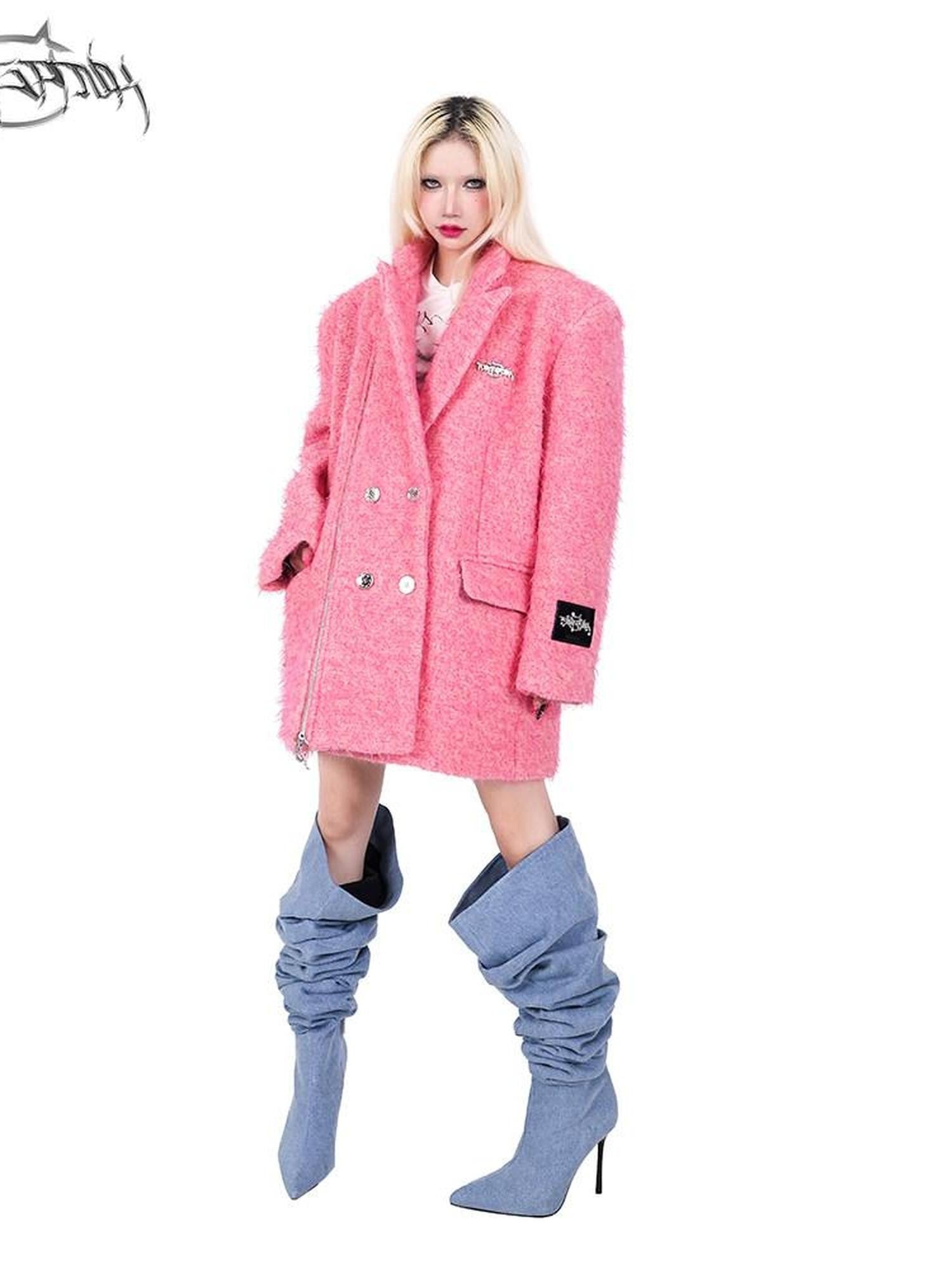 PINKSPINK Pink Structured Zipper Shoulderpad Double Breasted Women's Wool Blend Blazers