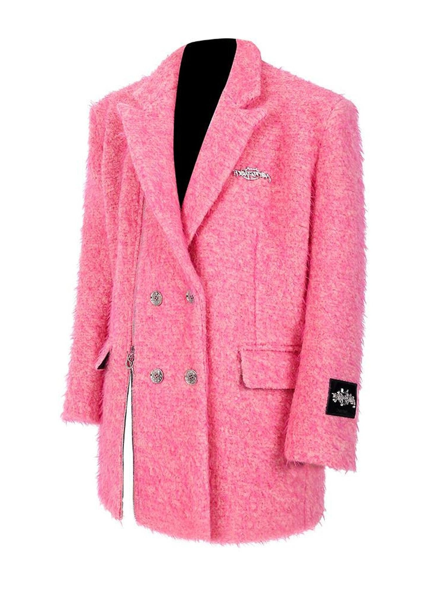 PINKSPINK Pink Structured Zipper Shoulderpad Double Breasted Women's Wool Blend Blazers