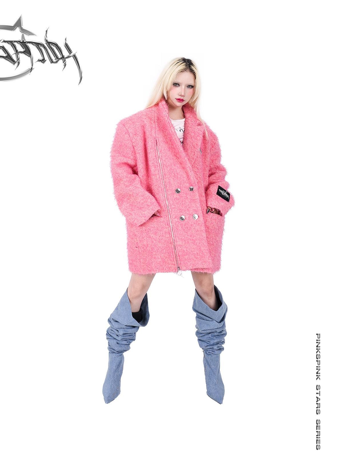 PINKSPINK Pink Structured Zipper Shoulderpad Double Breasted Women's Wool Blend Blazers
