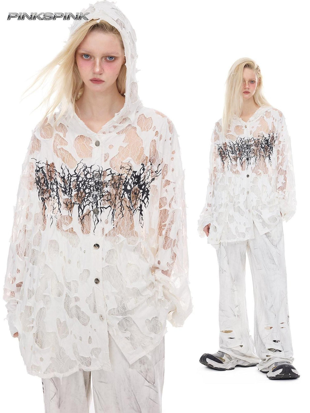 PINKSPINK Print Hand Distressed Colorblock Hooded Long Sleeve Women's Lace Sheer Shirts