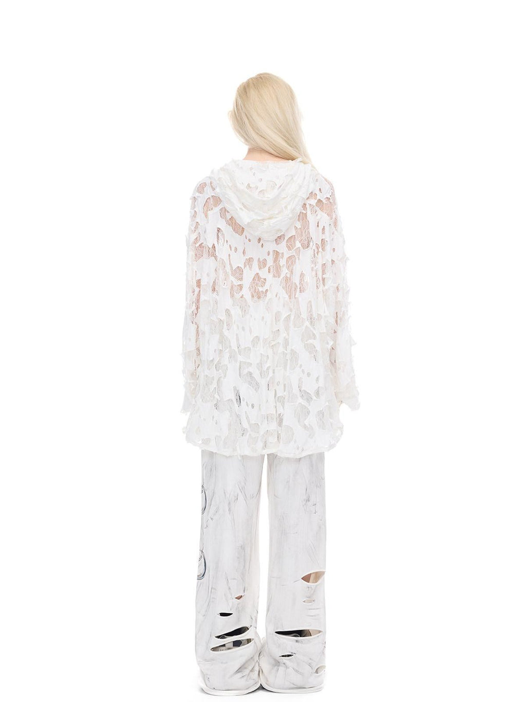 PINKSPINK Print Hand Distressed Colorblock Hooded Long Sleeve Women's Lace Sheer Shirts