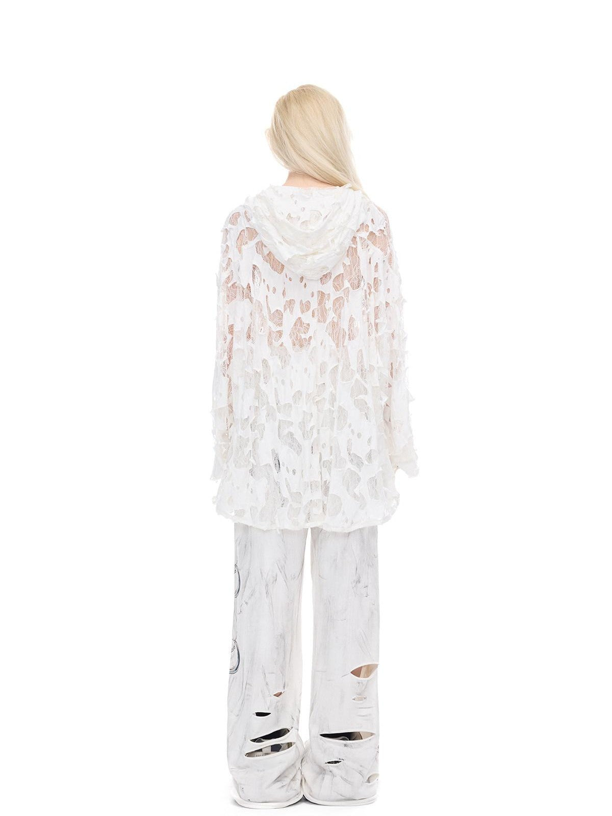 PINKSPINK Print Hand Distressed Colorblock Hooded Long Sleeve Women's Lace Sheer Shirts