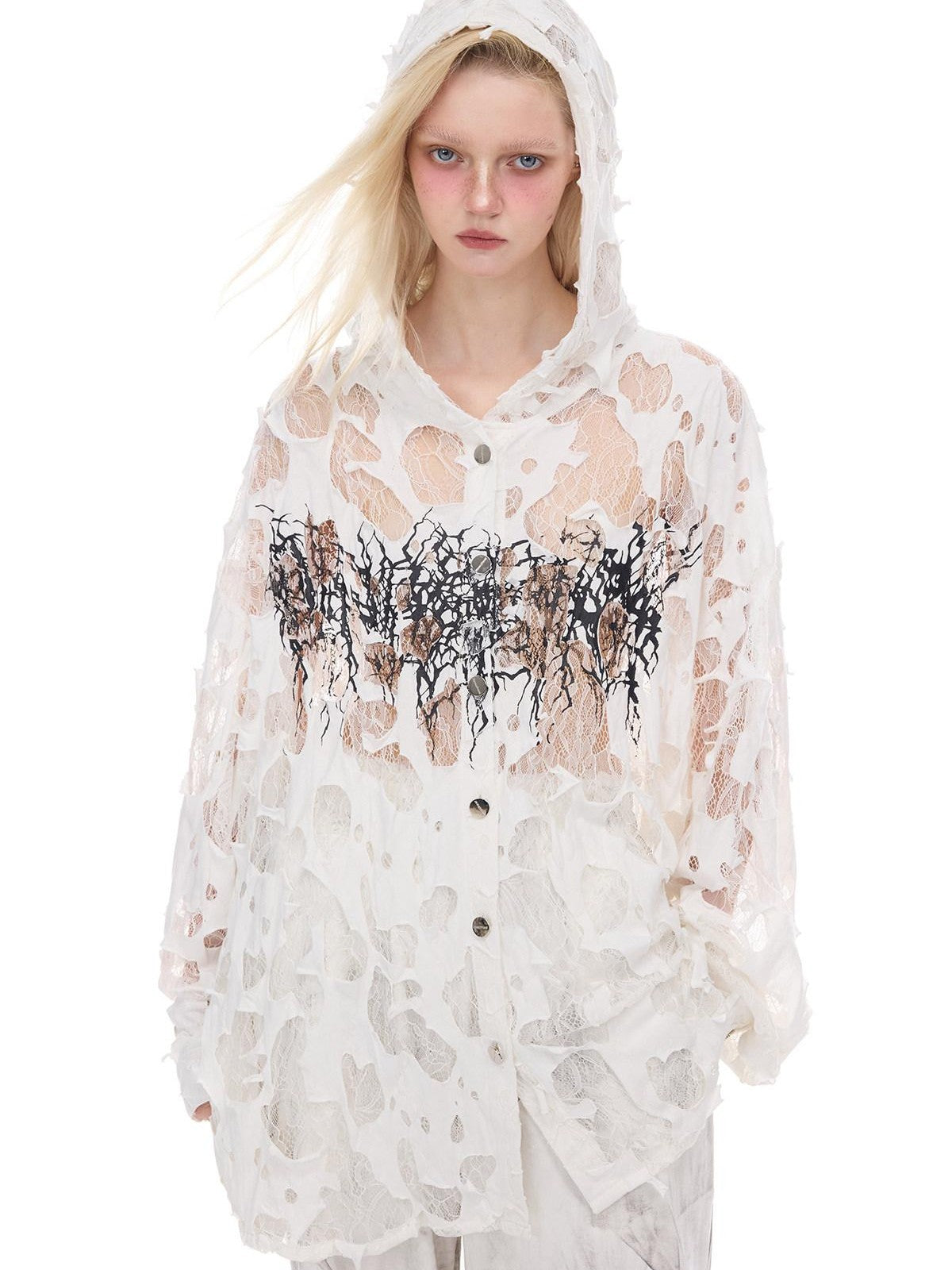 PINKSPINK Print Hand Distressed Colorblock Hooded Long Sleeve Women's Lace Sheer Shirts