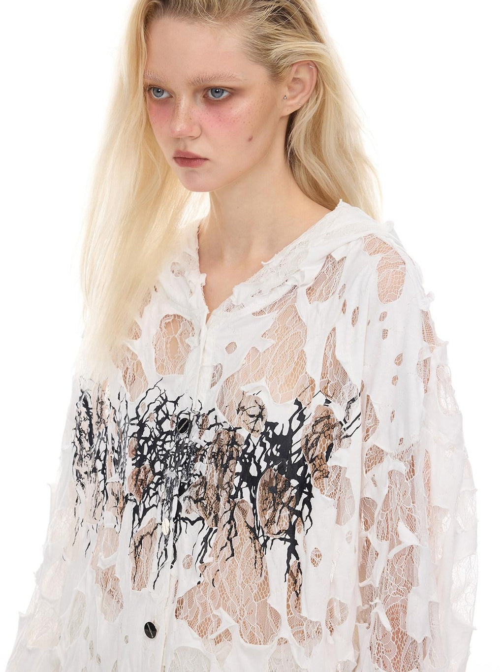 PINKSPINK Print Hand Distressed Colorblock Hooded Long Sleeve Women's Lace Sheer Shirts