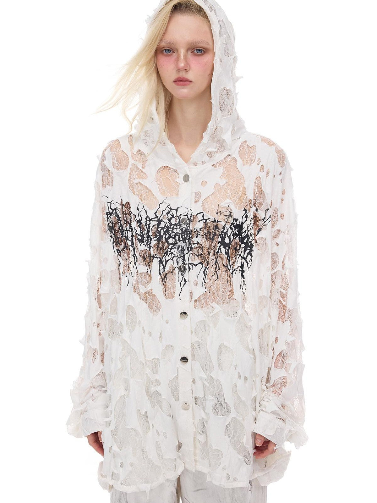 PINKSPINK Print Hand Distressed Colorblock Hooded Long Sleeve Women's Lace Sheer Shirts