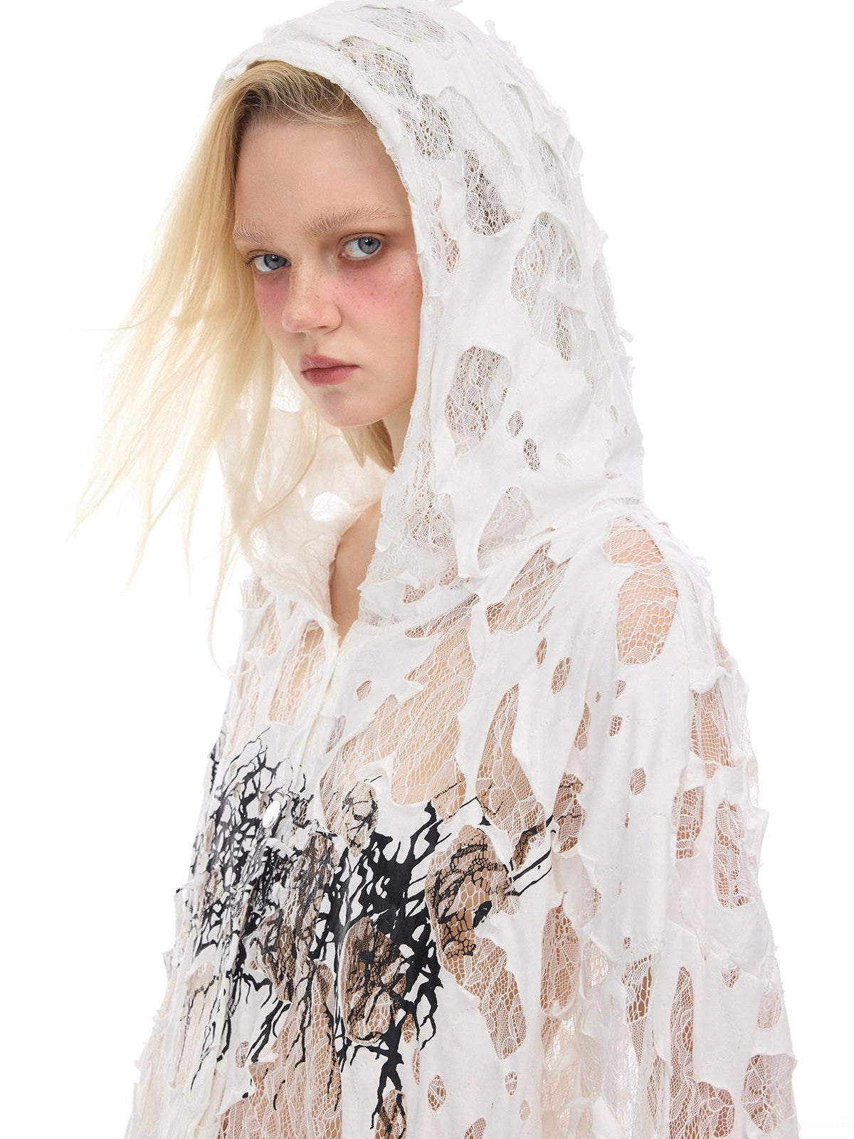 PINKSPINK Print Hand Distressed Colorblock Hooded Long Sleeve Women's Lace Sheer Shirts