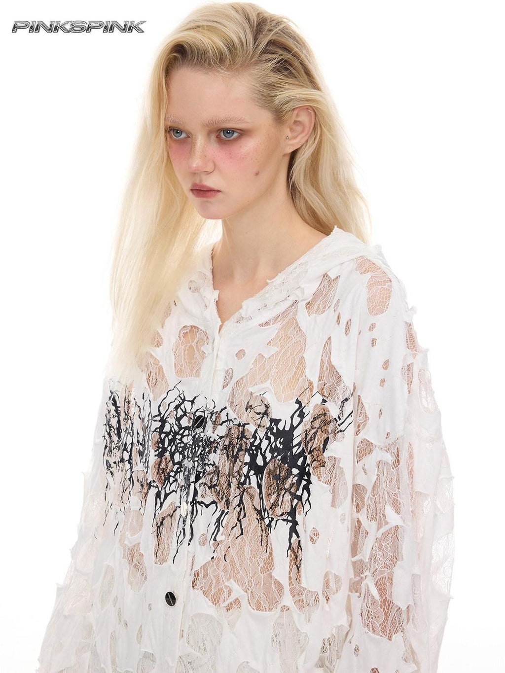 PINKSPINK Print Hand Distressed Colorblock Hooded Long Sleeve Women's Lace Sheer Shirts