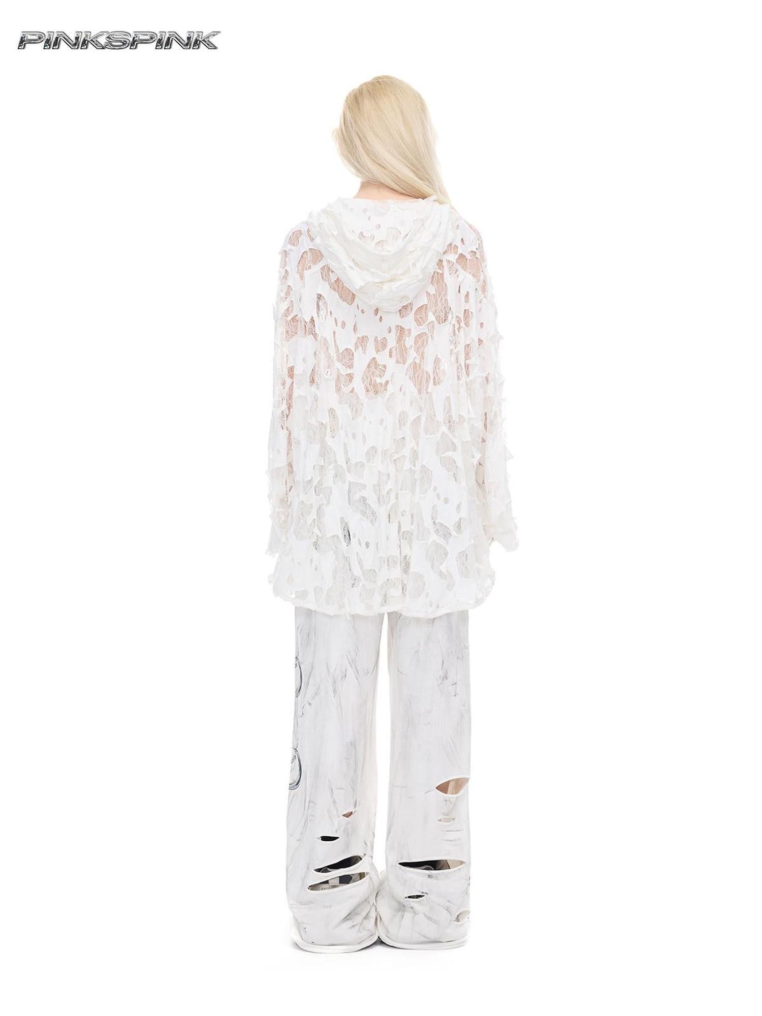 PINKSPINK Print Hand Distressed Colorblock Hooded Long Sleeve Women's Lace Sheer Shirts