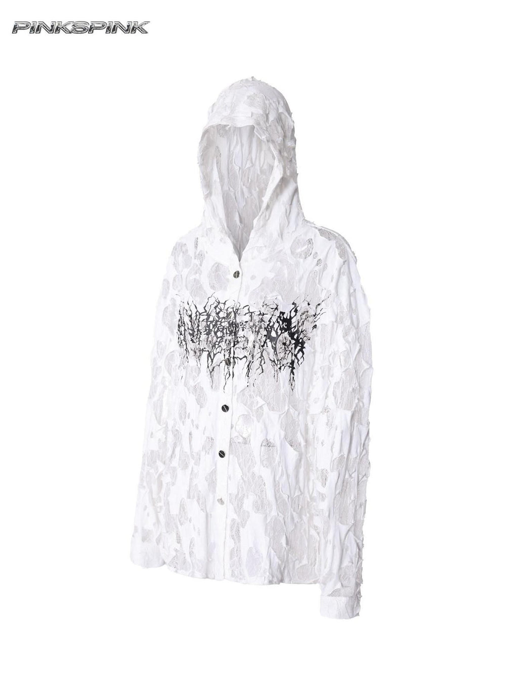 PINKSPINK Print Hand Distressed Colorblock Hooded Long Sleeve Women's Lace Sheer Shirts