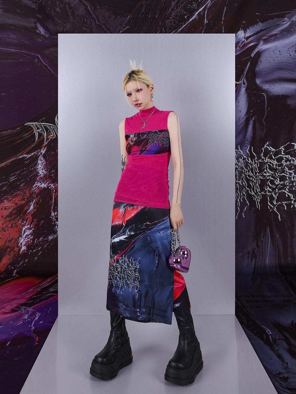 PINKSPINK Psychedelic Liquid Print Geometric High Neck Slim Women's Mesh Tank Tops