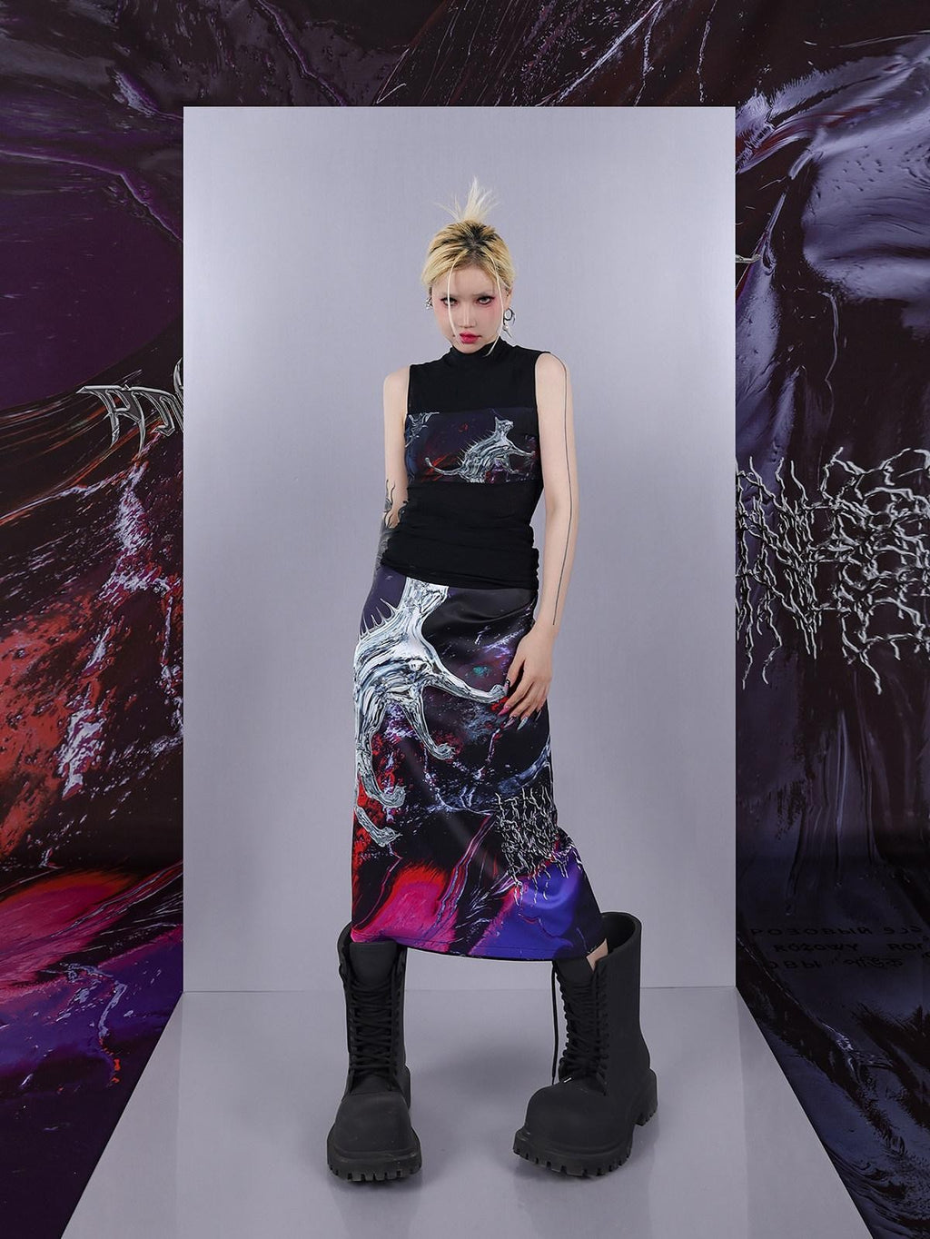 PINKSPINK Psychedelic Liquid Print Geometric High Neck Slim Women's Mesh Tank Tops