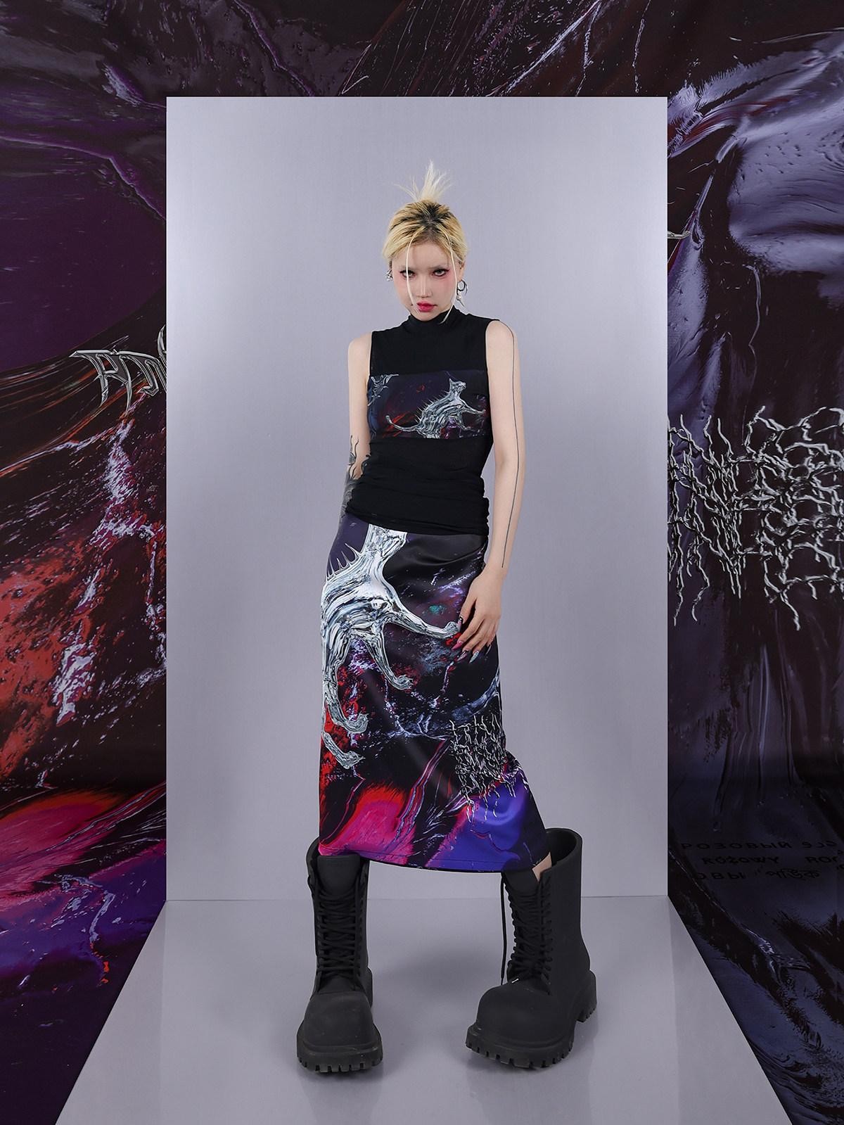 PINKSPINK Psychedelic Liquid Print Geometric High Neck Slim Women's Mesh Tank Tops